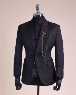 A Charcoal Black, Floral Patterned Shawl Lapel, Single Button Smoking Tuxedo Suit