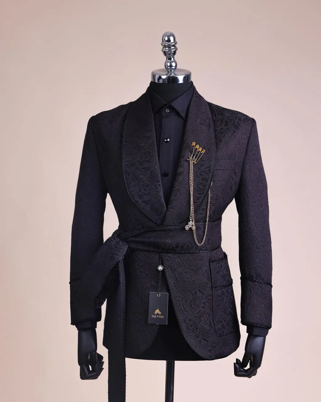 A Charcoal Black, Floral Patterned Shawl Lapel, Knitted, Single Button Smoking Tuxedo Suit