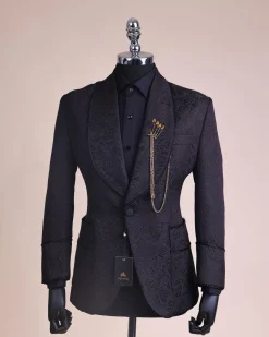 A Charcoal Black, Floral Patterned Shawl Lapel, Single Button Smoking Tuxedo Suit