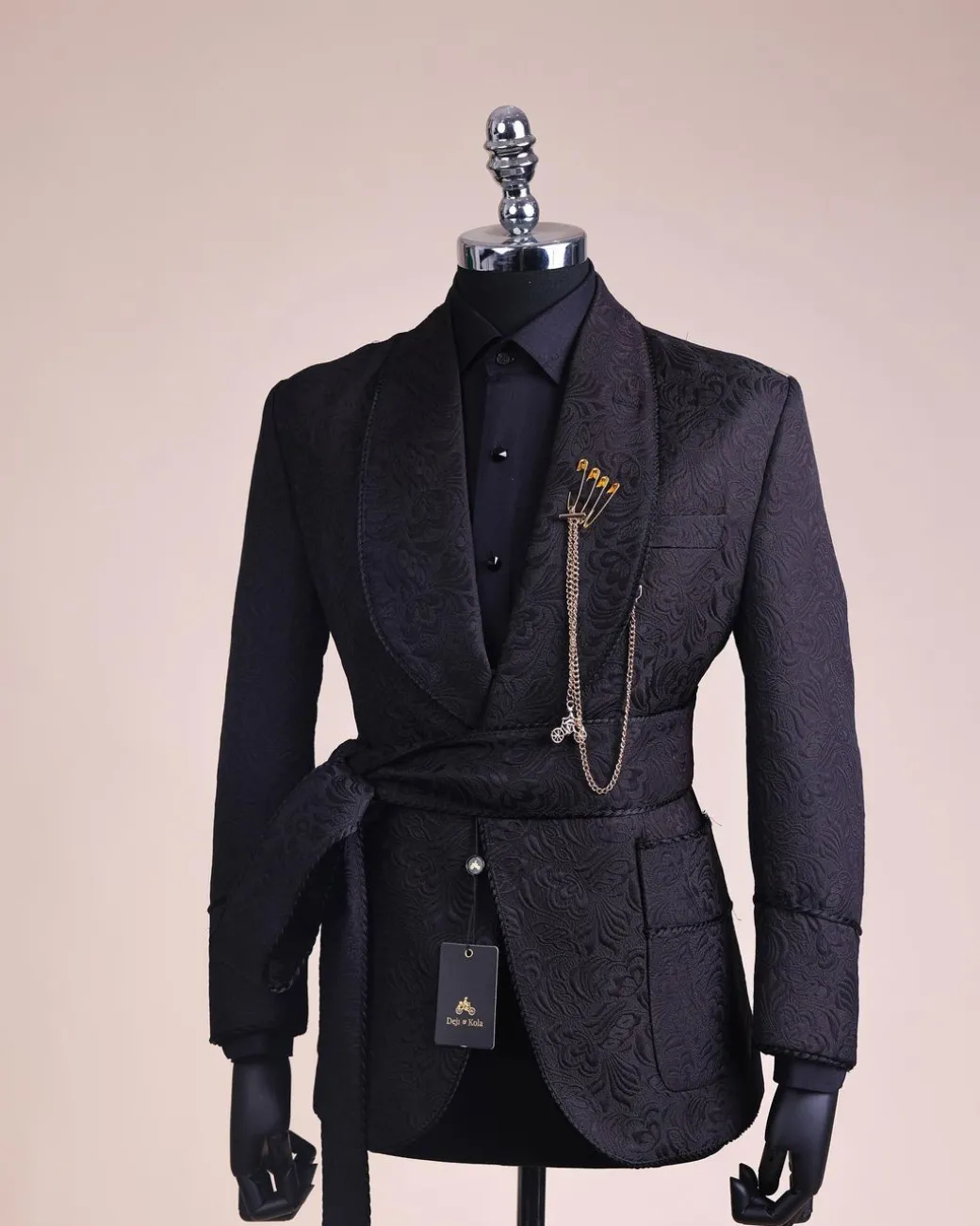 A Charcoal Black, Floral Patterned Shawl Lapel, Knitted, Single Button Smoking Tuxedo Suit