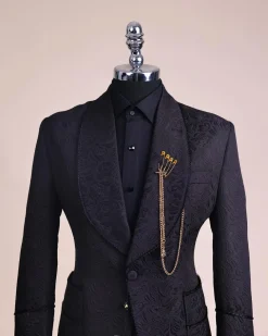 A Charcoal Black, Floral Patterned Shawl Lapel, Single Button Smoking Tuxedo Suit