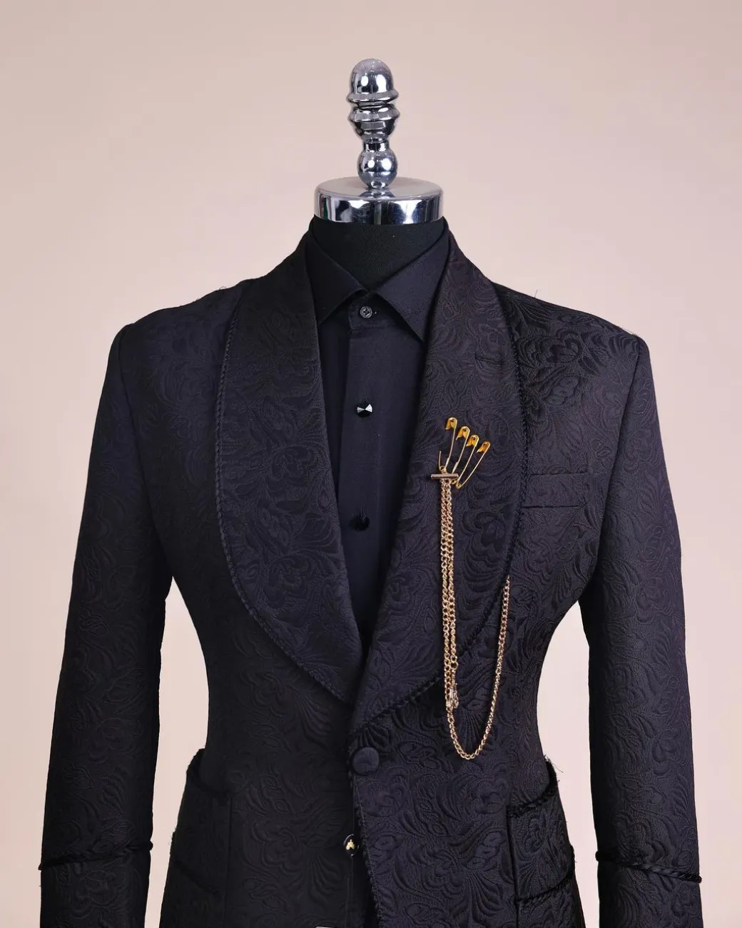 A Charcoal Black, Floral Patterned Shawl Lapel, Knitted, Single Button Smoking Tuxedo Suit