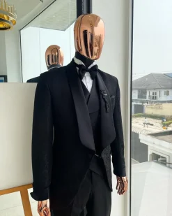 A Charcoal black, floral patterned jacquard tuxedo suit
