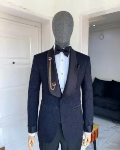 A Charcoal Black Floral Shawl Lapel Tuxedo Suit