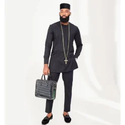 A Charcoal Black Front Flap African Kaftan