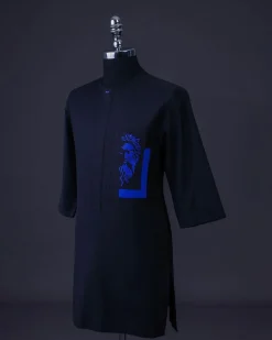 A Charcoal black, Front flap with crystals blue Swarovski buttons, Zeus embroidery, 3/4 sleeve details African senator kaftan native.