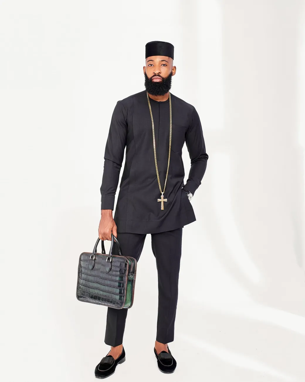 A Charcoal Black Front Flap African Kaftan