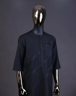 A Charcoal black front flap, blue and black pencil stripe cross-over with black Swarovski button detailing kaftan