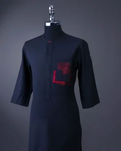 A charcoal black front flap with crystal Swarovski buttons, flame embroidery 3/4 sleeve details African senator kaftan native.