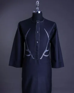A charcoal black front flap, deer horn embroidery, clear view Swarovski buttons, 3/4 sleeve details, African senator Kaftan native.
