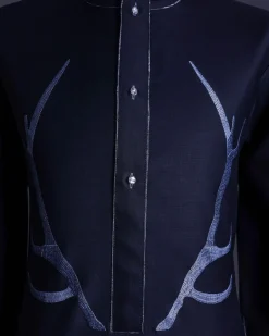 A charcoal black front flap, deer horn embroidery, clear view Swarovski buttons, 3/4 sleeve details, African senator Kaftan native.