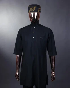 A charcoal black front flap with gold Swarovski buttons, patch pocket, and 3/4 sleeve details African senator kaftan native