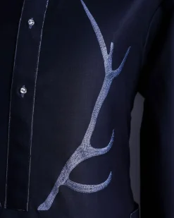 A charcoal black front flap, deer horn embroidery, clear view Swarovski buttons, 3/4 sleeve details, African senator Kaftan native.