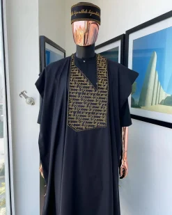 A Charcoal Black, Gold Scritto Pattered (dejiandkola) Embroidery Detailing Agbada
