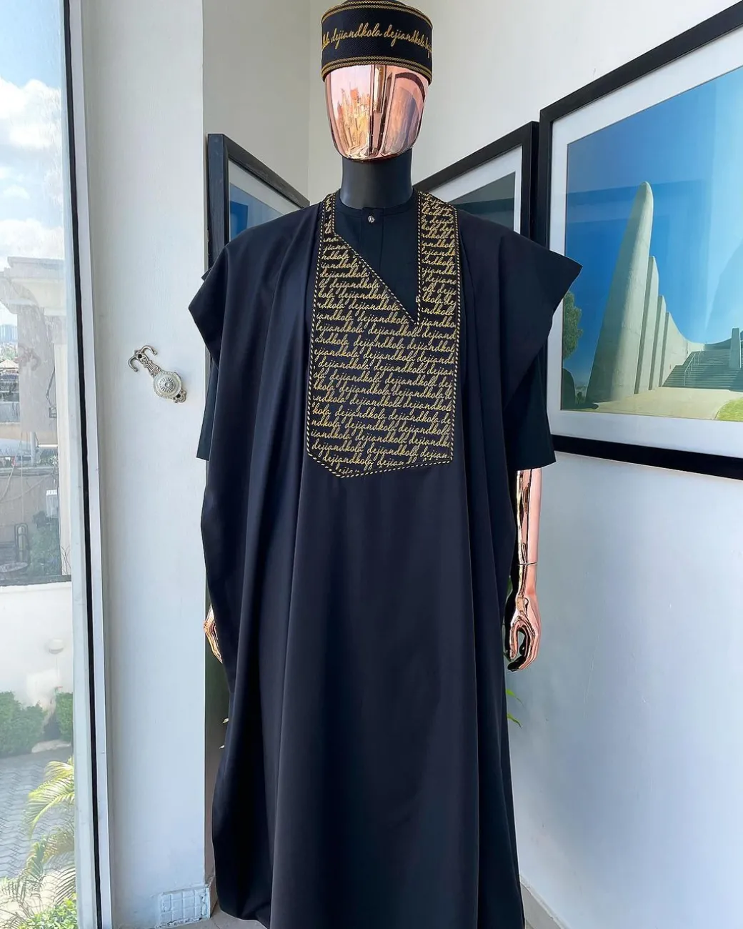 A Charcoal Black, Gold Scritto Pattered (dejiandkola) Embroidery Detailing Agbada