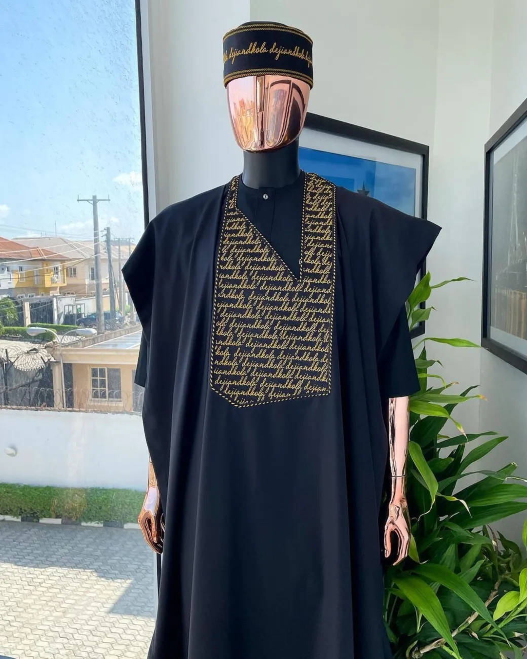 A Charcoal Black, Gold Scritto Pattered (dejiandkola) Embroidery Detailing Agbada