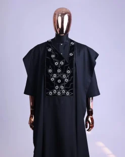 A charcoal black, grommet eyelet on root splash embroidery details agbada