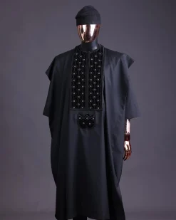 A charcoal black, grommet eyelet on dropping octa embroidery details agbada