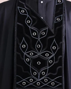 A charcoal black, grommet eyelet on root splash embroidery details agbada