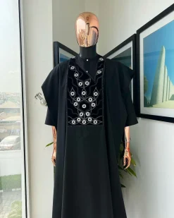 A charcoal black, grommet eyelet on root splash embroidery details agbada