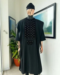 A charcoal black, grommet eyelet on dropping octa embroidery details agbada