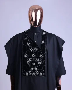 A charcoal black, grommet eyelet on root splash embroidery details agbada