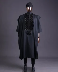 A charcoal black, grommet eyelet on dropping octa embroidery details agbada