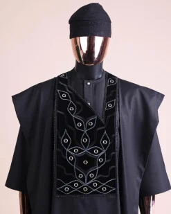 A charcoal black, grommet eyelet on root splash embroidery details agbada