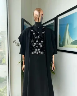 A charcoal black, grommet eyelet on root splash embroidery details agbada