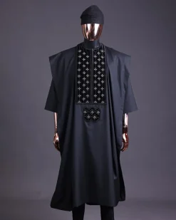 A charcoal black, grommet eyelet on dropping octa with silver Swarovski embroidery details agbada