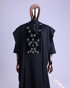 A charcoal black, grommet eyelet on root splash embroidery details agbada
