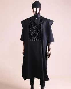 A charcoal black, grommet eyelet on root splash embroidery details agbada