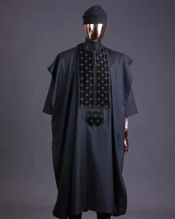 A charcoal black, grommet eyelet on dropping octa embroidery details agbada