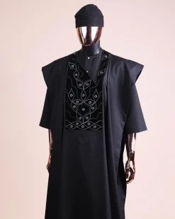 A charcoal black, grommet eyelet on root splash embroidery details agbada