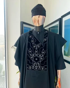 A charcoal black, grommet eyelet on root splash embroidery details agbada
