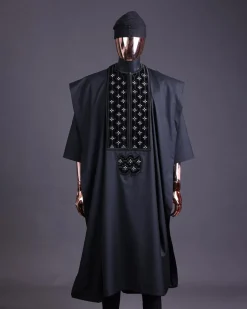 A charcoal black, grommet eyelet on dropping octa with silver Swarovski embroidery details agbada