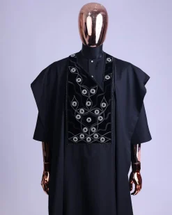 A charcoal black, grommet eyelet on root splash embroidery details agbada