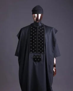 A charcoal black, grommet eyelet on dropping octa embroidery details agbada