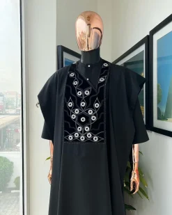 A charcoal black, grommet eyelet on root splash embroidery details agbada