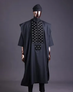 A charcoal black, grommet eyelet on dropping octa with silver Swarovski embroidery details agbada