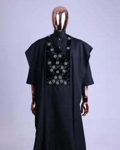 A charcoal black, grommet eyelet on root splash embroidery details agbada
