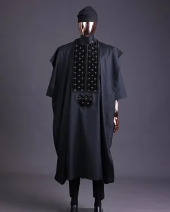 A charcoal black, grommet eyelet on dropping octa embroidery details agbada