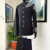 A Charcoal black, hand “Ide” silver metal wire embrodery, right-hand sache safari suit