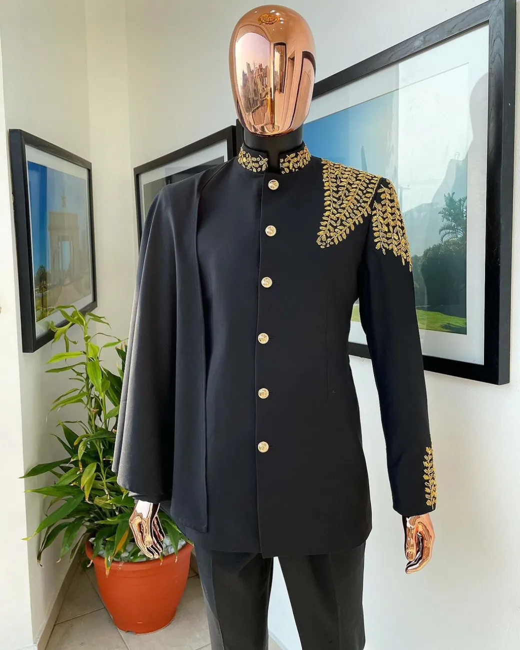 A Charcoal Black, Hand “Ide” Gold Metal Wire Embrodery, Right Hand Sache Safari Suit
