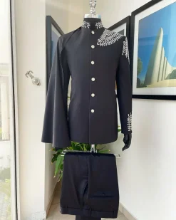 A Charcoal black, hand “Ide” silver metal wire embrodery, right-hand sache safari suit