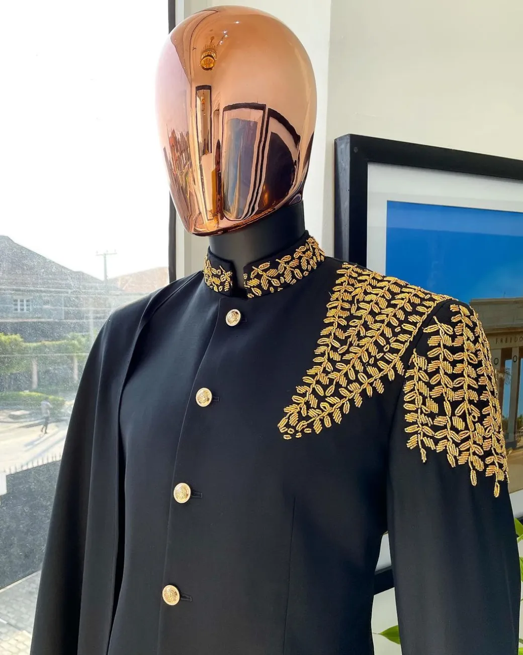 A Charcoal Black, Hand “Ide” Gold Metal Wire Embrodery, Right Hand Sache Safari Suit