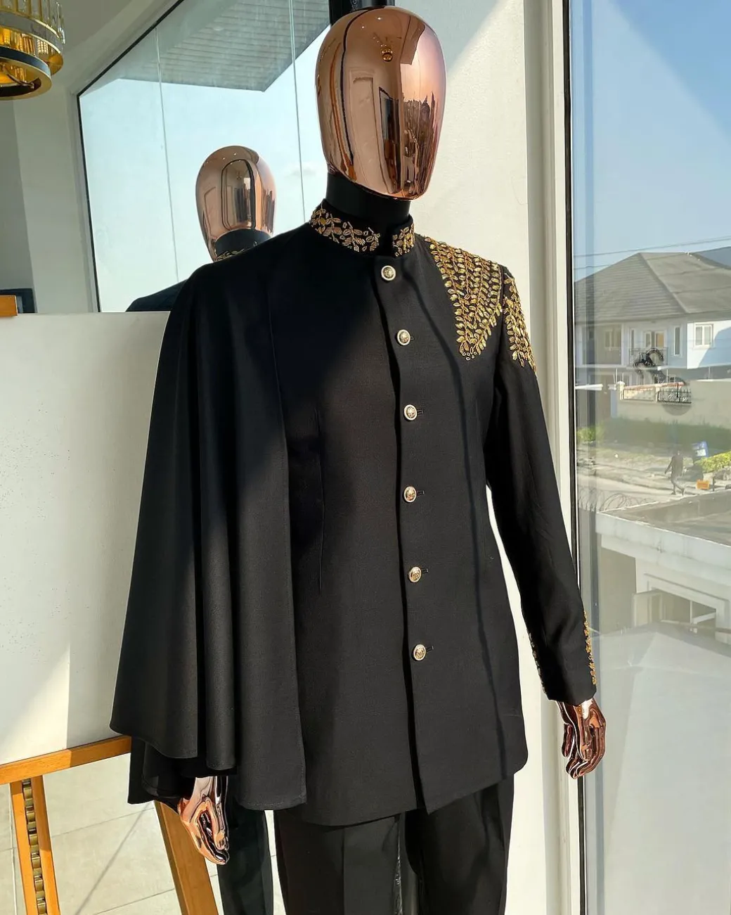 A Charcoal Black, Hand “Ide” Gold Metal Wire Embrodery, Right Hand Sache Safari Suit