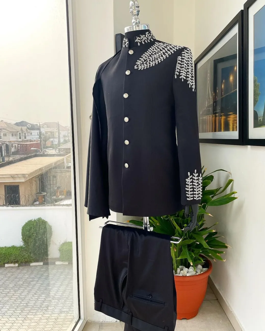 A Charcoal black, hand “Ide” silver metal wire embrodery, right-hand sache safari suit