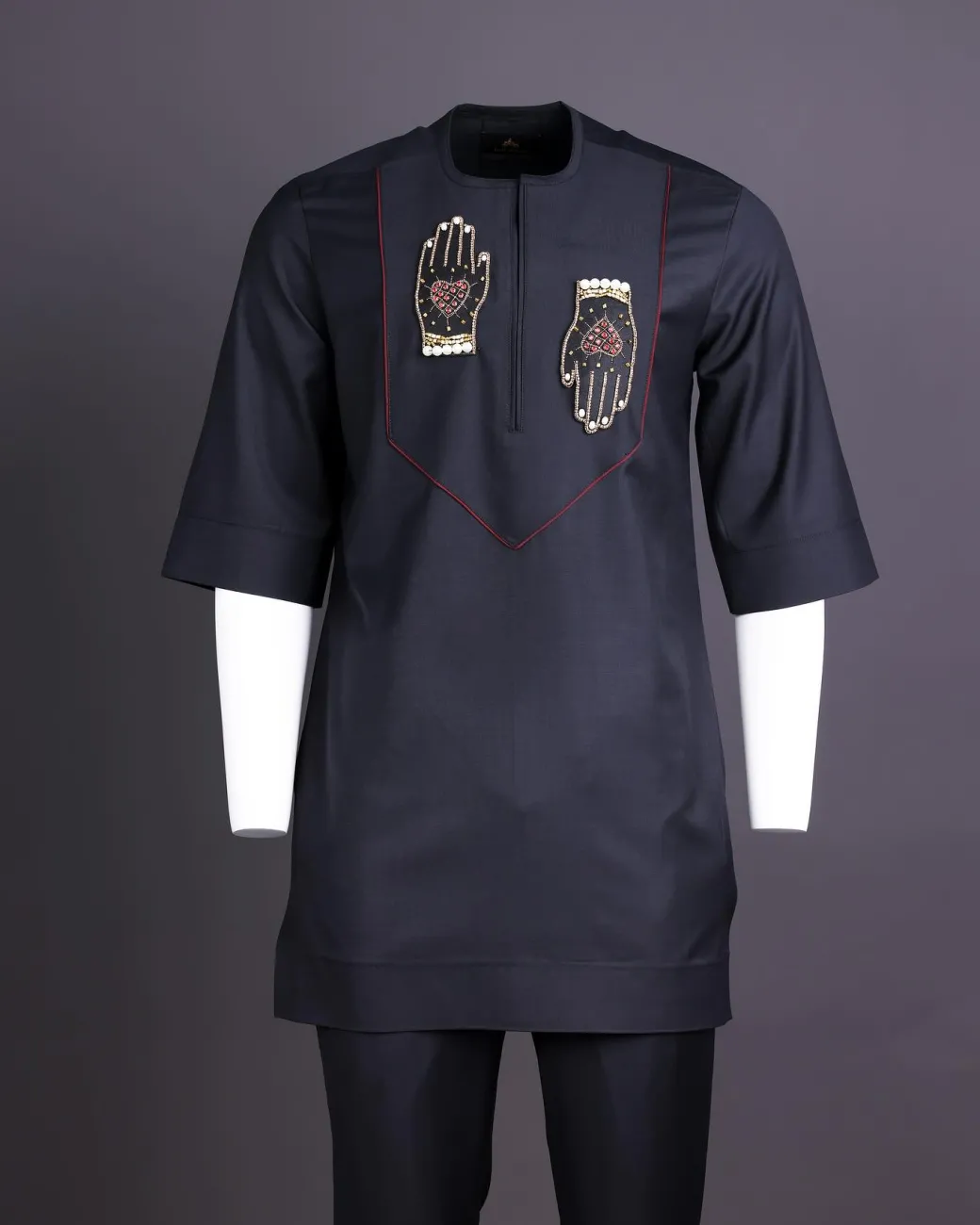A Charcoal Black Hand Patch Kaftan