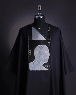 A Charcoal Black, “Head Algorithm Mapping ” embroidery details agbada